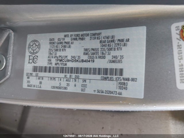 Продажа на аукционе авто 2019 Ford Escape Sel, vin: 1FMCU9HD5KUB40419, номер лота: 12678551