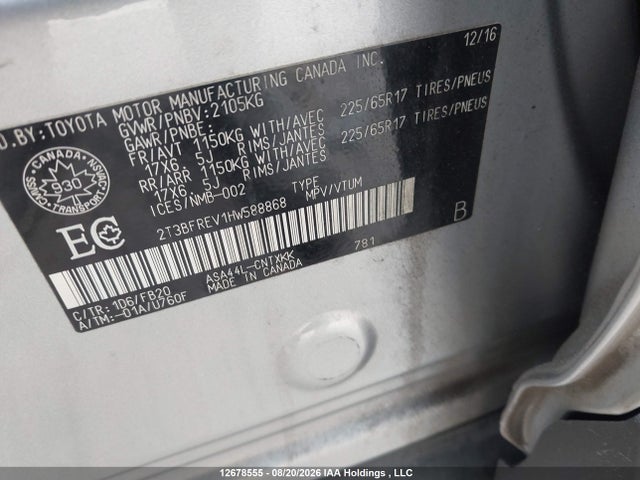 2T3BFREV1HW588868 Toyota RAV4 LE