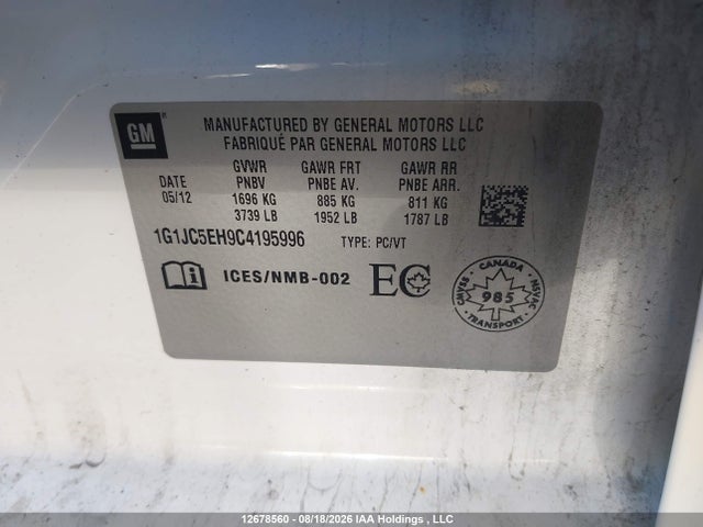 Aukcja sprzedaży 2012 Chevrolet Sonic Lt, vin: 1G1JC5EH9C4195996, numer aukcji: 12678560