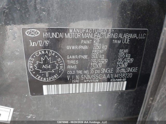 5NMS5CAA1LH138220 Hyundai Santa Fe Limited/ultimate