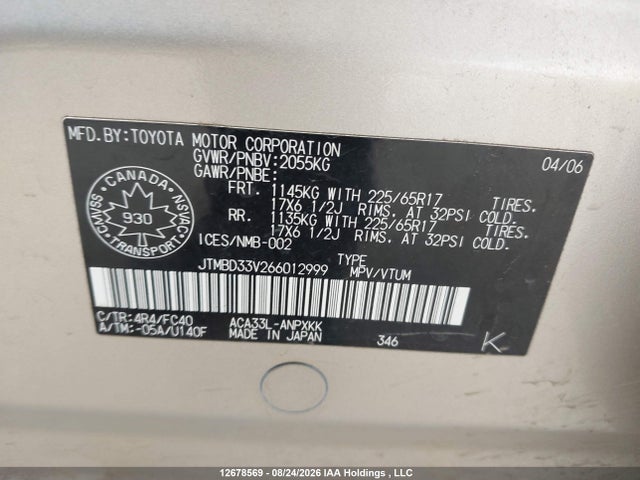 Продажа на аукционе авто 2006 Toyota Rav4, vin: JTMBD33V266012999, номер лота: 12678569