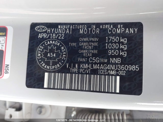 KMHLM4AG4NU360985 Hyundai Elantra Preferred Ivt With Sun And Tech Package