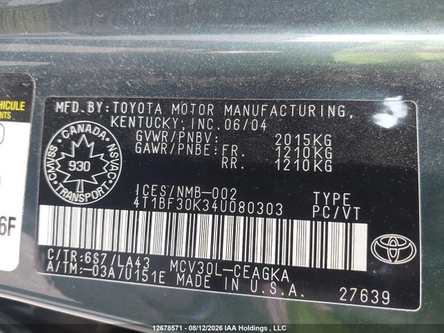 Продажа на аукционе авто 2004 Toyota Camry Le V6/xle V6, vin: 4T1BF30K34U080303, номер лота: 12678571