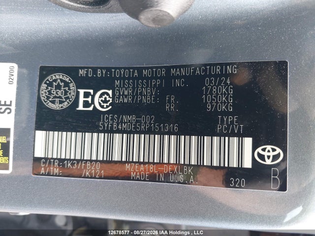 12678577 :رقم المزاد ، 5YFB4MDE5RP151316 vin ، 2024 Toyota Corolla مزاد بيع