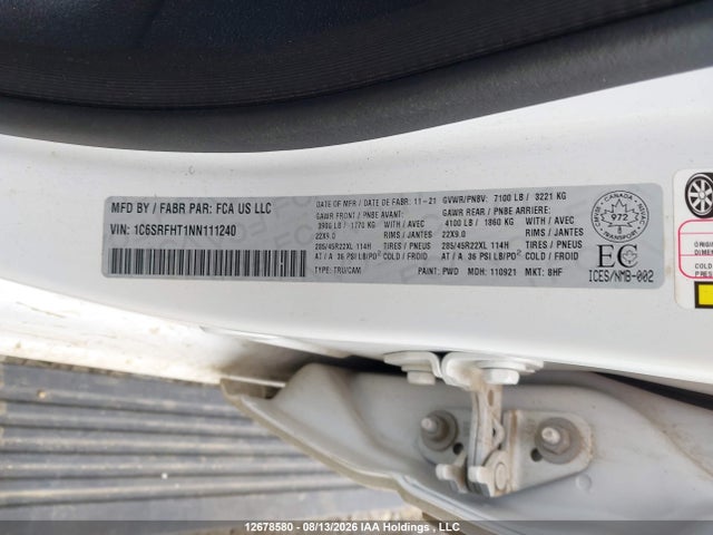 Aukcja sprzedaży 2022 Ram 1500 Limited, vin: 1C6SRFHT1NN111240, numer aukcji: 12678580