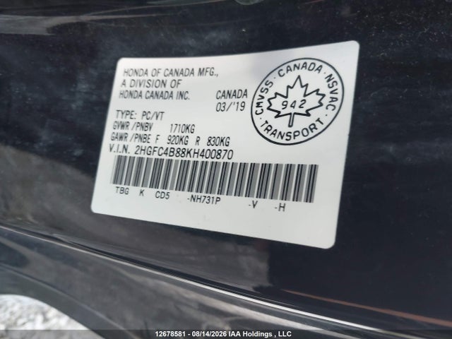 12678581 :رقم المزاد ، 2HGFC4B88KH400870 vin ، 2019 Honda Civic مزاد بيع