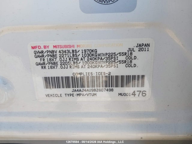 2011 Mitsubishi Rvr Gt მანქანა იყიდება აუქციონზე, vin: JA4AJ4AU9BZ607498, აუქციონის ნომერი: 12678584