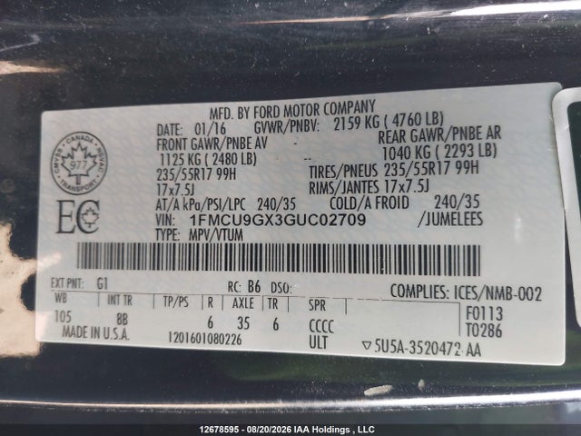 1FMCU9GX3GUC02709 Ford ESCAPE SE