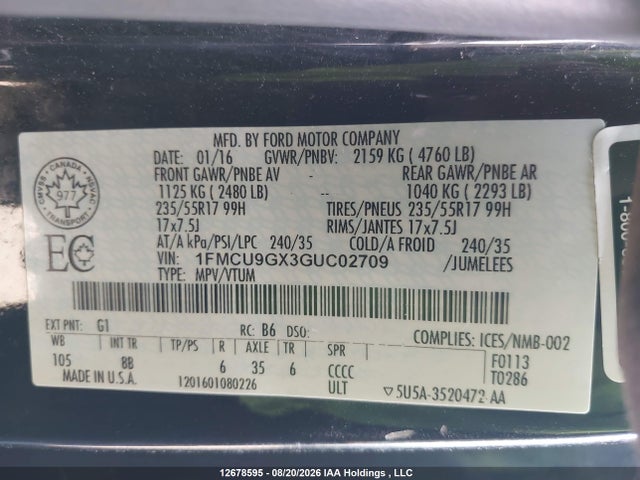 1FMCU9GX3GUC02709 Ford ESCAPE SE