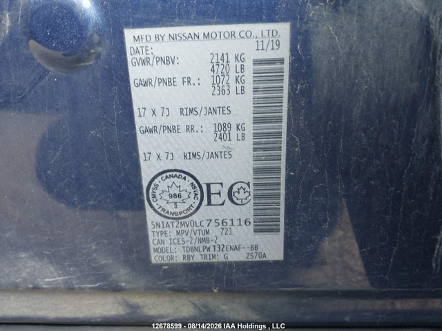 Продаж на аукціоні авто 2020 Nissan Rogue S/sl/sv, vin: 5N1AT2MV0LC756116, номер лоту: 12678599