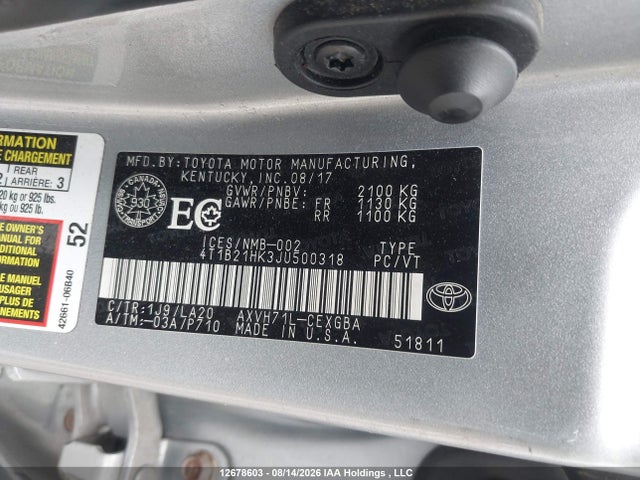12678603 :رقم المزاد ، 4T1B21HK3JU500318 vin ، 2018 Toyota Camry Hybrid/le/xle/se مزاد بيع