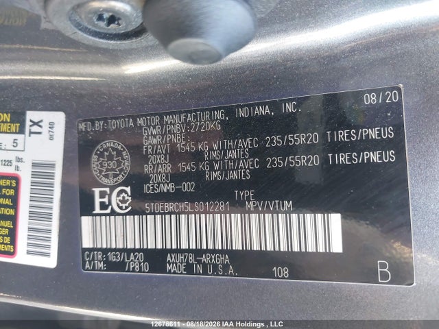 2020 Toyota Highlander Hybrid Limited მანქანა იყიდება აუქციონზე, vin: 5TDEBRCH5LS012281, აუქციონის ნომერი: 12678611