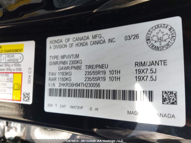 Продажа на аукционе авто 2026 Honda Cr-v Hybrid, vin: 2HKRS6H94TH230056, номер лота: 12678613