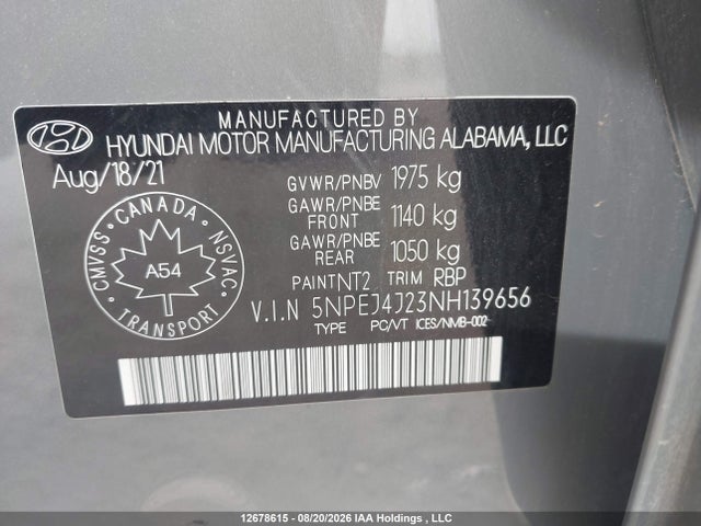 5NPEJ4J23NH139656 Hyundai Sonata Sel Plus