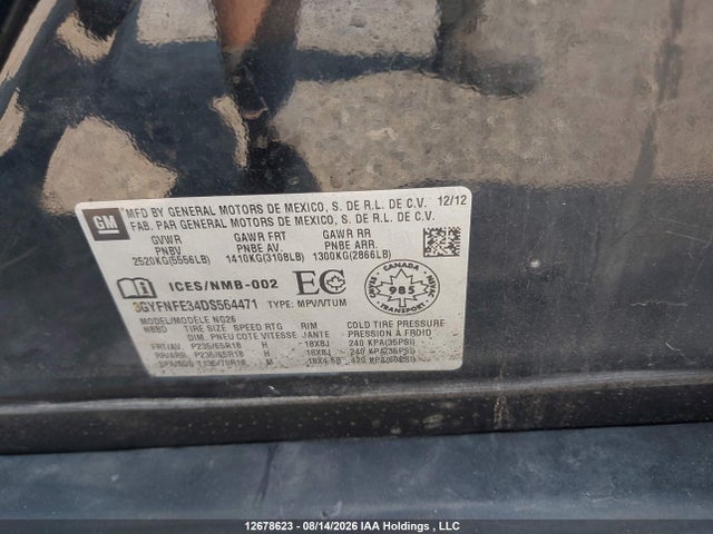 12678623 :رقم المزاد ، 3GYFNFE34DS564471 vin ، 2013 Cadillac Srx مزاد بيع