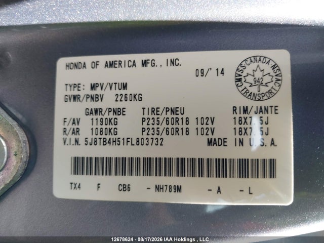 5J8TB4H51FL803732 Acura Rdx Tech Package