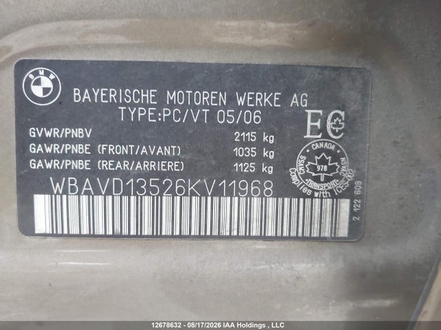 Продажа на аукционе авто 2006 Bmw 325xi, vin: WBAVD13526KV11968, номер лота: 12678632