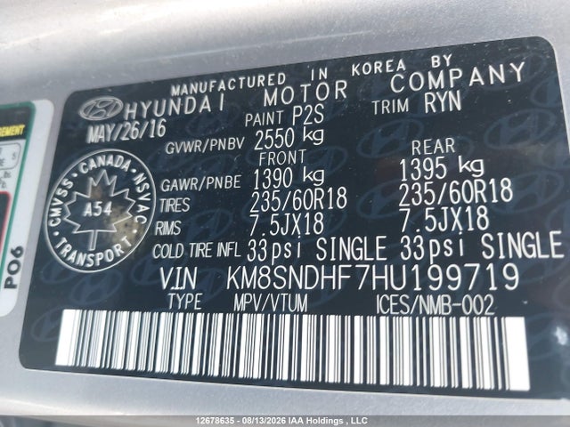 2017 Hyundai Santa Fe Se/limited მანქანა იყიდება აუქციონზე, vin: KM8SNDHF7HU199719, აუქციონის ნომერი: 12678635