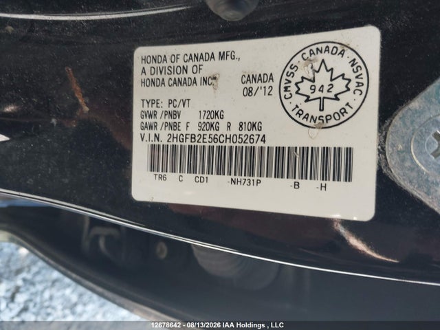 2012 Honda Civic Lx მანქანა იყიდება აუქციონზე, vin: 2HGFB2E56CH052674, აუქციონის ნომერი: 12678642