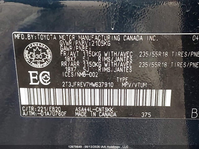 12678649 :رقم المزاد ، 2T3JFREV7HW637910 vin ، 2017 Toyota Rav4 Se مزاد بيع