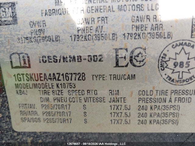 Продаж на аукціоні авто 2010 Gmc Sierra 1500 Sl, vin: 1GTSKUEA4AZ167728, номер лоту: 12678657