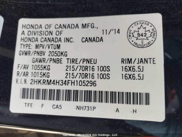 12678658 :رقم المزاد ، 2HKRM4H34FH105296 vin ، 2015 Honda Cr-v Lx مزاد بيع