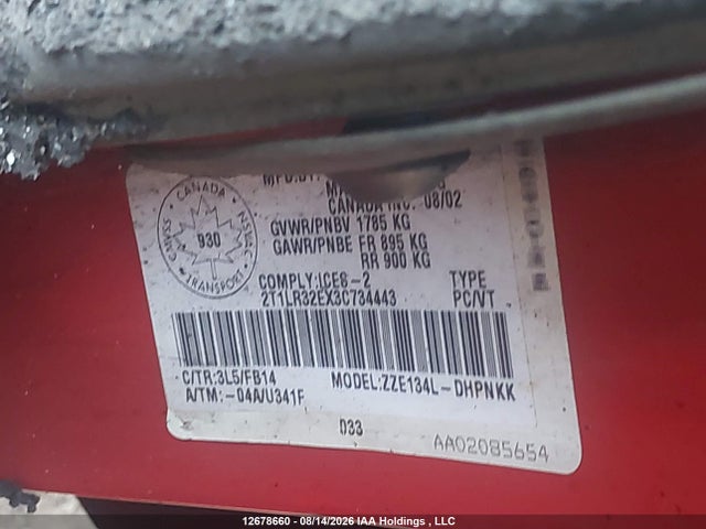 Aukcja sprzedaży 2003 Toyota Matrix, vin: 2T1LR32EX3C734443, numer aukcji: 12678660
