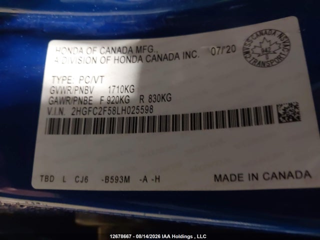 Honda Civic Lx 2020 2HGFC2F58LH025598 Image 9