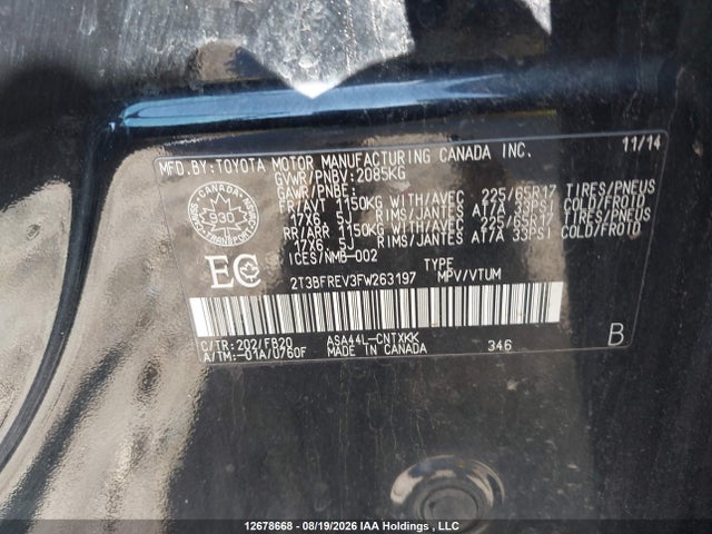 Продаж на аукціоні авто 2015 Toyota Rav4 Le, vin: 2T3BFREV3FW263197, номер лоту: 12678668