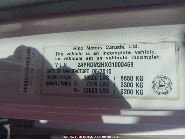 Продаж на аукціоні авто 2016 Hino 195, vin: 2AYRDM2HXG1000469, номер лоту: 12678671
