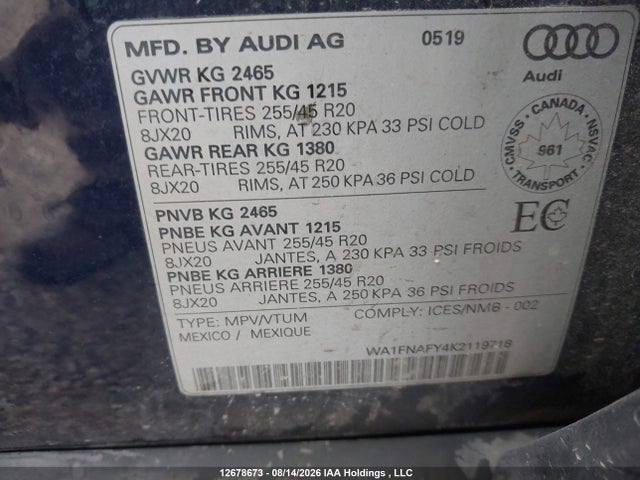 2019 Audi Q5 Technik S-line მანქანა იყიდება აუქციონზე, vin: WA1FNAFY4K2119718, აუქციონის ნომერი: 12678673