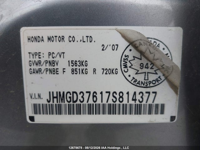 12678678 :رقم المزاد ، JHMGD37617S814377 vin ، 2007 Honda Fit Sport 5dr مزاد بيع