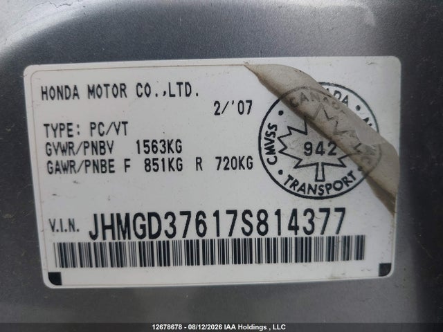 12678678 :رقم المزاد ، JHMGD37617S814377 vin ، 2007 Honda Fit Sport 5dr مزاد بيع