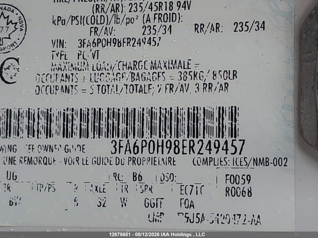 Ford FUSION SE 2014 3FA6P0H98ER249457 Image 9