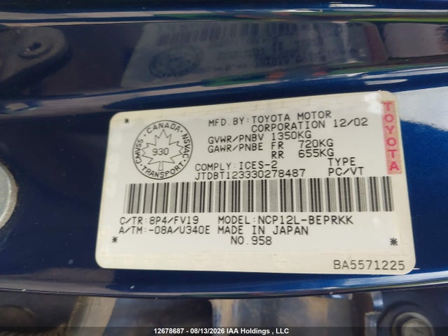 12678687 :رقم المزاد ، JTDBT123330278487 vin ، 2003 Toyota Echo مزاد بيع