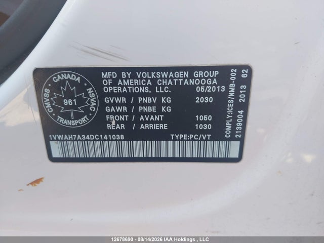 Aukcja sprzedaży 2013 Volkswagen Passat, vin: 1VWAH7A34DC141038, numer aukcji: 12678690