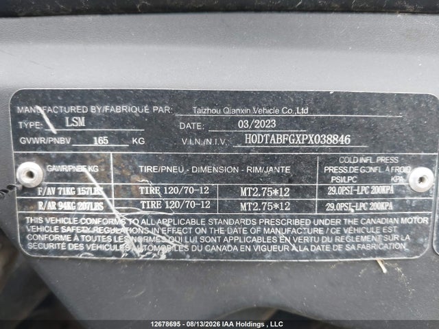 2023 Scooter Scooter Scooter მანქანა იყიდება აუქციონზე, vin: H0DTABFGXPX038846, აუქციონის ნომერი: 12678695