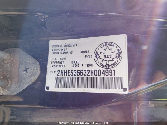 2002 Acura El Touring მანქანა იყიდება აუქციონზე, vin: 2HHES35632H004991, აუქციონის ნომერი: 12678697