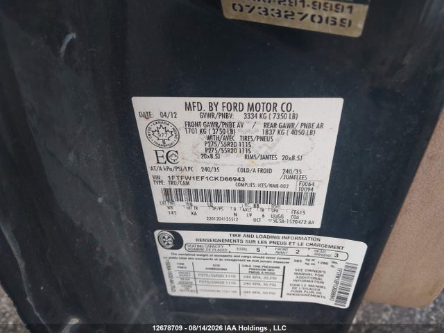 Продаж на аукціоні авто 2012 Ford F-150 King Ranch, vin: 1FTFW1EF1CKD66943, номер лоту: 12678709