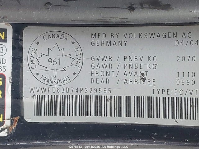 Aukcja sprzedaży 2004 Volkswagen Passat Gls Tdi, vin: WVWPE63B74P329565, numer aukcji: 12678713