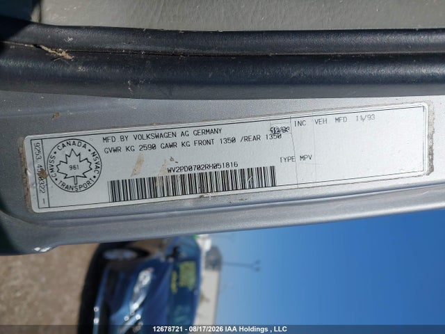 Продажа на аукционе авто 1994 Volkswagen Eurovan Cv Camper, vin: WV2PD0702RH051816, номер лота: 12678721
