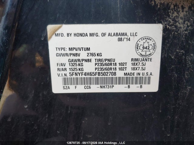 5FNYF4H65FB502708 Honda PILOT EXL