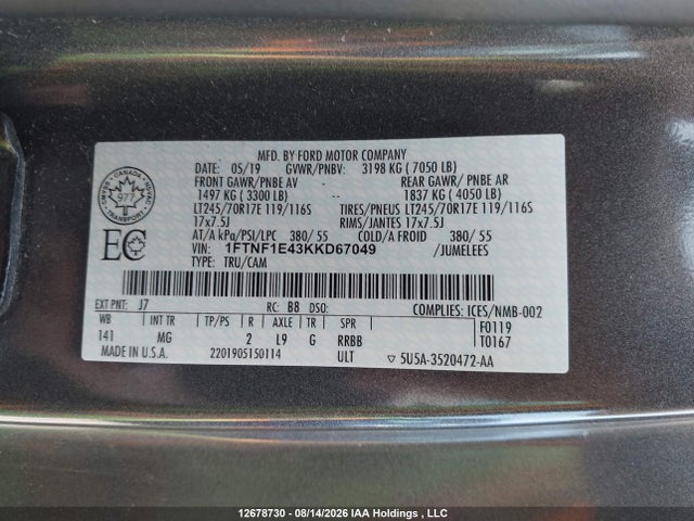 Ford F-150 Xlt 2019 1FTNF1E43KKD67049 Image 9