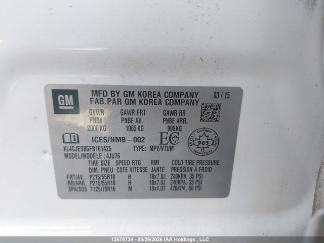 12678734 :رقم المزاد ، KL4CJESB5FB161425 vin ، 2015 Buick Encore Convenience مزاد بيع