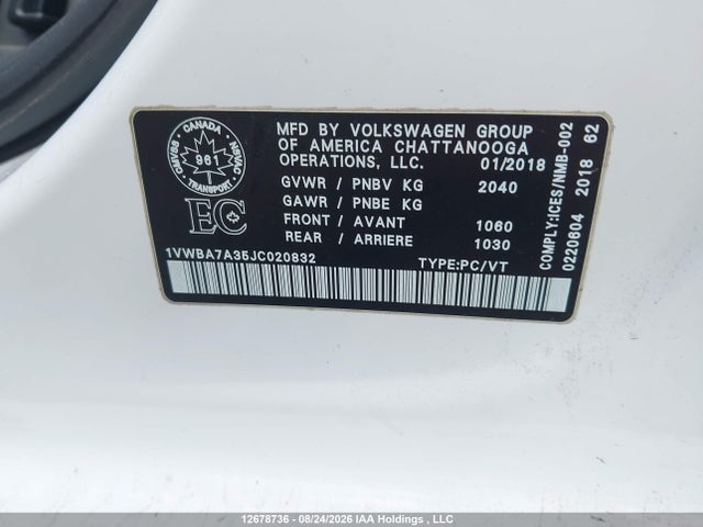 Aukcja sprzedaży 2018 Volkswagen Passat 2.0 Tsi Comfortline, vin: 1VWBA7A35JC020832, numer aukcji: 12678736