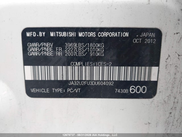 12678737 :رقم المزاد ، JA32U2FU3DU604092 vin ، 2013 Mitsubishi Lancer Es/es Sport مزاد بيع