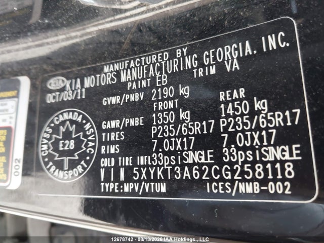 Продаж на аукціоні авто 2012 Kia Sorento Lx, vin: 5XYKT3A62CG258118, номер лоту: 12678742