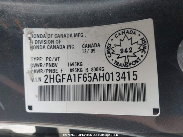 Продажа на аукционе авто 2010 Honda Civic Sport, vin: 2HGFA1F65AH013415, номер лота: 12678760