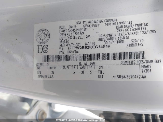 Aukcja sprzedaży 2019 Ford F250 Super Duty, vin: 1FT7W2B62KEG14046, numer aukcji: 12678770