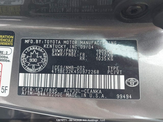 2005 Toyota Camry მანქანა იყიდება აუქციონზე, vin: 4T1BE32K45U972268, აუქციონის ნომერი: 12678771